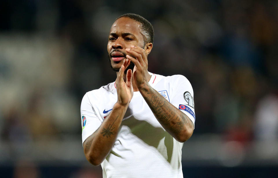 England's Raheem Sterling applauds the fans after the final whistle of the UEFA Euro 2020 Qualifying match at the Fadil Vokrri Stadium, Pristina. (Photo by Steven Paston/PA Images via Getty Images)