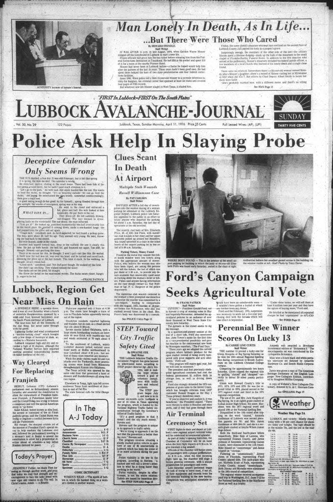 The front page of the Lubbock Avalanche-Journal on April 11, 1976 after the killing of Elizabeth Ann Price.