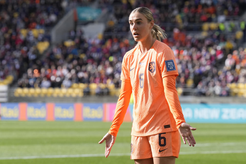 Netherlands' Jill Roord reacts during the first half of the FIFA Women's World Cup Group E soccer match between the United States and the Netherlands in Wellington, New Zealand, Thursday, July 27, 2023. (AP Photo/John Cowpland)