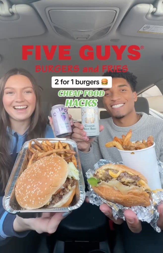 A couple shared a savvy hack to get two for one burgers at Five Guys. nateandsaraheats/Tiktok