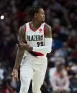 Portland Trail Blazers guard Ben McLemore gestures after making a 3-point basket against the Phoenix Suns during the second half of an NBA basketball game in Portland, Ore., Saturday, Oct. 23, 2021. (AP Photo/Craig Mitchelldyer)