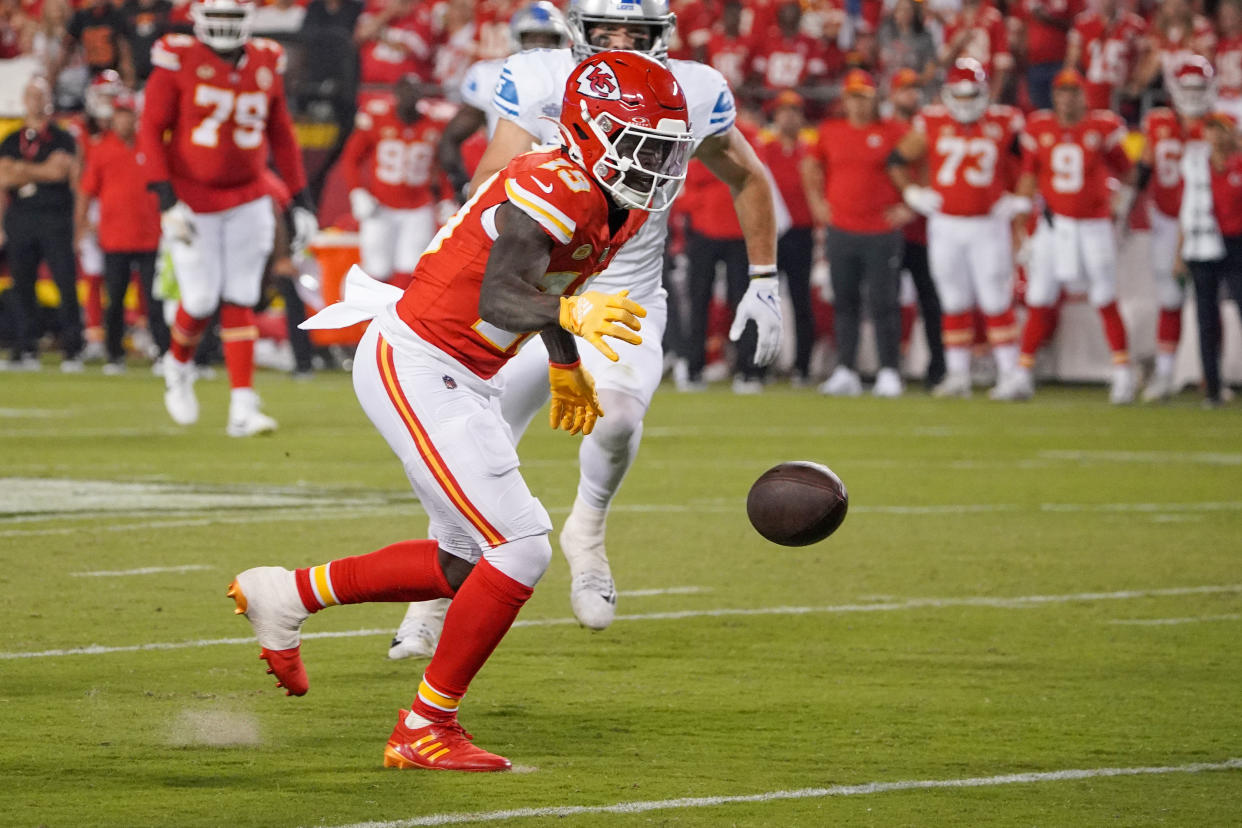 Sep 7, 2023; Kansas City, Missouri, USA; Kansas City Chiefs wide receiver Kadarius Toney (19) drops a pass against the Detroit Lions during the second half at GEHA Field at Arrowhead Stadium. Mandatory Credit: Denny Medley-USA TODAY Sports