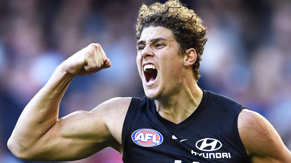 Carlton's Charlie Curnow has been slammed by former player Kane Cornes, who has criticised his off-field activities which have resulted in several knee issues. (Photo by Quinn Rooney/Getty Images)