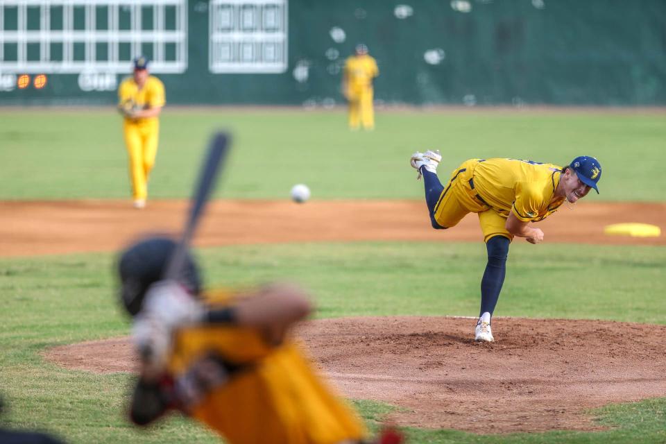 Savannah Bananas pitcher Jared Donalson works from the mound against a Wilson Tobs batter during the CPL championship game on Friday, Aug. 5, 2022, at Grayson Stadium.