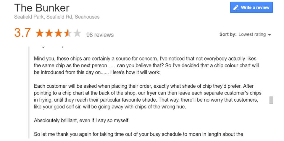 Fish and chip shop owner turns the table on negative online reviews, attracting fans with witty responses