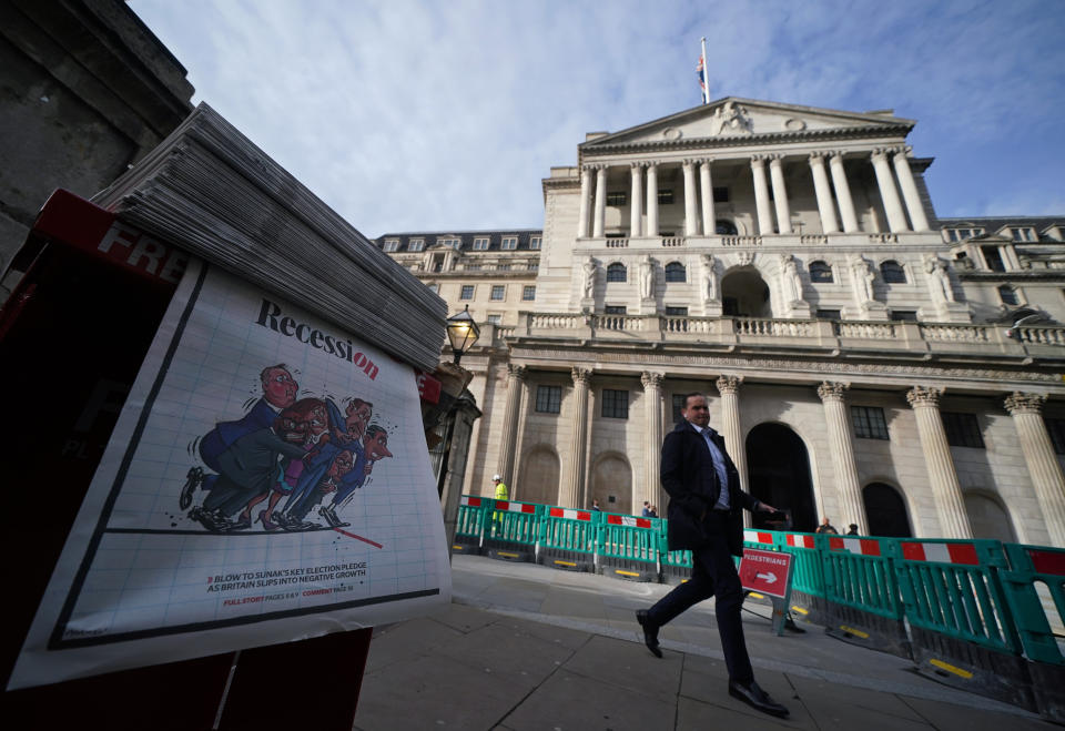 ftse Copies of the Evening Standard outside the Bank of England in the City of London, after figures showed Britain's economy slipped into a recession at the end of 2023. The Office for National Statistics (ONS) estimated that GDP - a key measure of economic activity - fell by 0.3% in the last three months of 2023, following a decline of 0.1% in the previous three months. Picture date: Thursday February 15, 2024. (Photo by Yui Mok/PA Images via Getty Images)