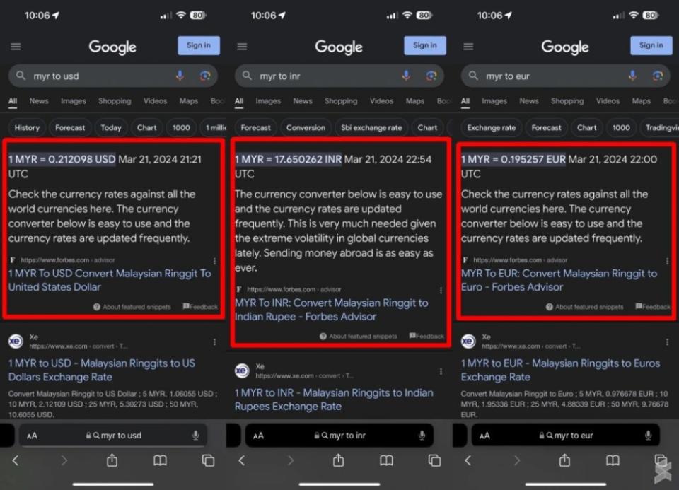 Google no longer shows currency conversion widget for RM-related searches. — SoyaCincau pic