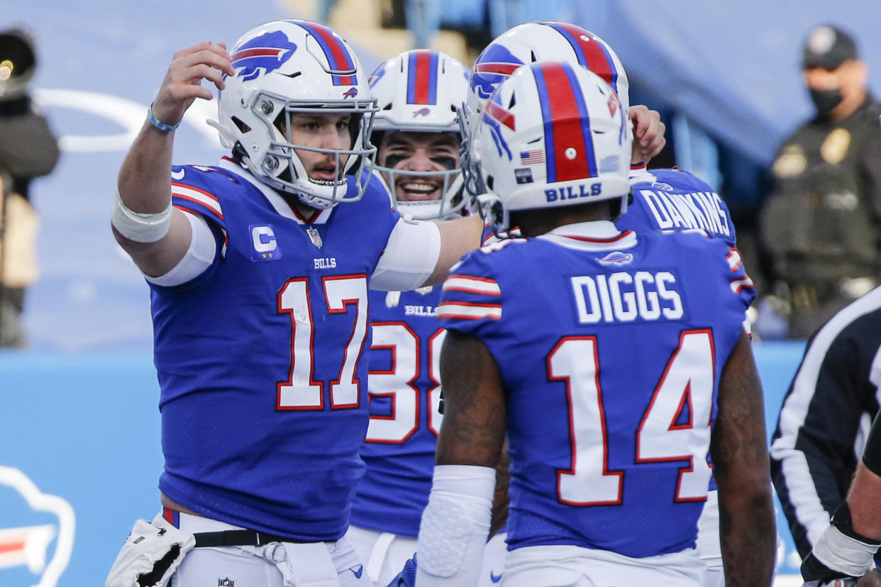 The tandem of Bills quarterback Josh Allen (17) and wide receiver Stefon Diggs helped Buffalo beat the Colts 27-24 for their first playoff win in 25 years. (AP Photo/Jeffrey T. Barnes)