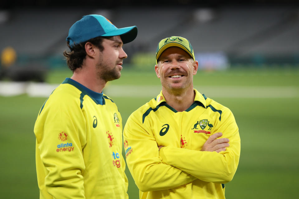 David Warner laughs.