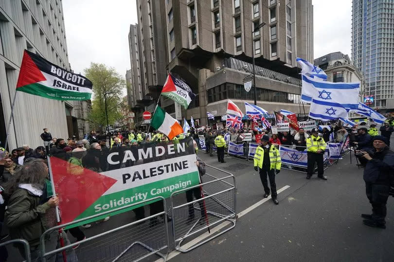 Pro-Israel supporters and pro-Palestine supporters hold opposing demonstrations in Tottenham Court Road, Central London on April 20