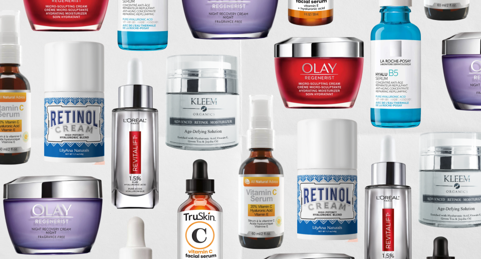 collage of amazon canada anti-aging serum, creams, retinol skincare products