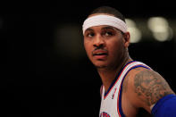 Carmelo Anthony looks on against the Orlando Magic at Madison Square Garden on March 28, 2012 in New York. (Photo by Chris Trotman/Getty Images)