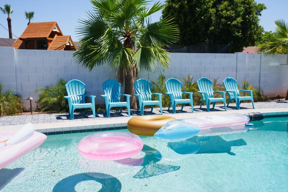 Pool floats sit on top of the water before a bachelorette party hosted by Scottsdale Bachelorette on July 7, 2022, in Scottsdale.