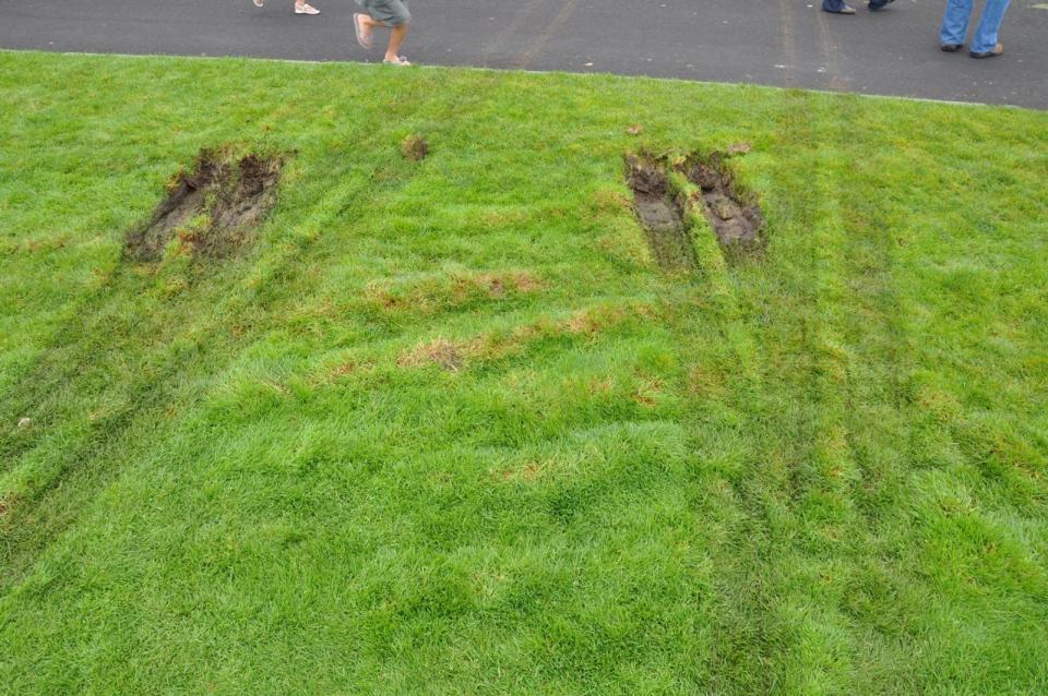 "Hey, who wants to play golf at Pebble Beach today?" Bring some extra divot mix on the day after the Concours. By the looks of it, it was some sort of old dually that pierced the turf.