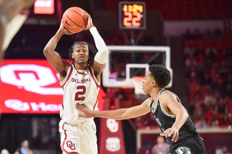 Oklahoma guard Javian McCollum, left, looks to pass the ball past Green Bay guard David Douglas Jr., right, during the first half of an NCAA college basketball game, Saturday, Dec. 16, 2023, in Norman, Okla. (AP Photo/Kyle Phillips)