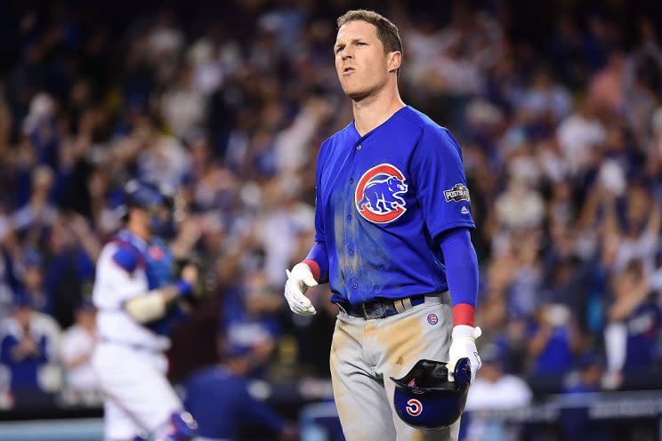 LOS ANGELES, CA - OCTOBER 18: Chris Coghlan #8 of the Chicago Cubs reacts after lining out to end the game against the Los Angeles Dodgers in the ninth inning of game three of the National League Championship Series at Dodger Stadium on October 18, 2016 in Los Angeles, California. (Photo by Harry How/Getty Images)