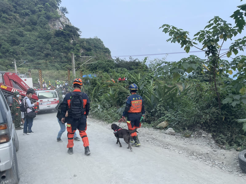 台鐵太魯閣號事故，新北出動搜救犬協助救援。圖片來源：中央社。