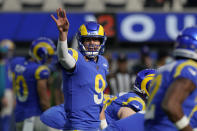 Los Angeles Rams quarterback Matthew Stafford (9) yells to the sideline during the first half of an NFL football game against the San Francisco 49ers, Sunday, Jan. 9, 2022, in Inglewood, Calif. (AP Photo/Mark J. Terrill)