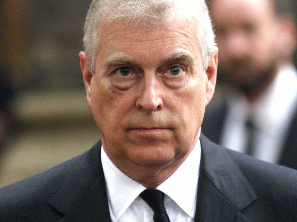 The Royals attend the funeral of the Countess Mountbatten of Burma, St Paul's church, Knightsbridge.The Duke of York leaves church sporting what appears to be a black eye.