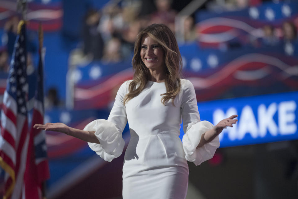 UNITED STATES - JULY 18: Melania Trump, wife of presidential candidate Donald Trump, appears on stage of the Quicken Loans Arena before speaking on first day of the Republican National Convention in Cleveland, Ohio, July 18, 2016. (Photo By Tom Williams/CQ Roll Call) *** Please Use Credit from Credit Field ***