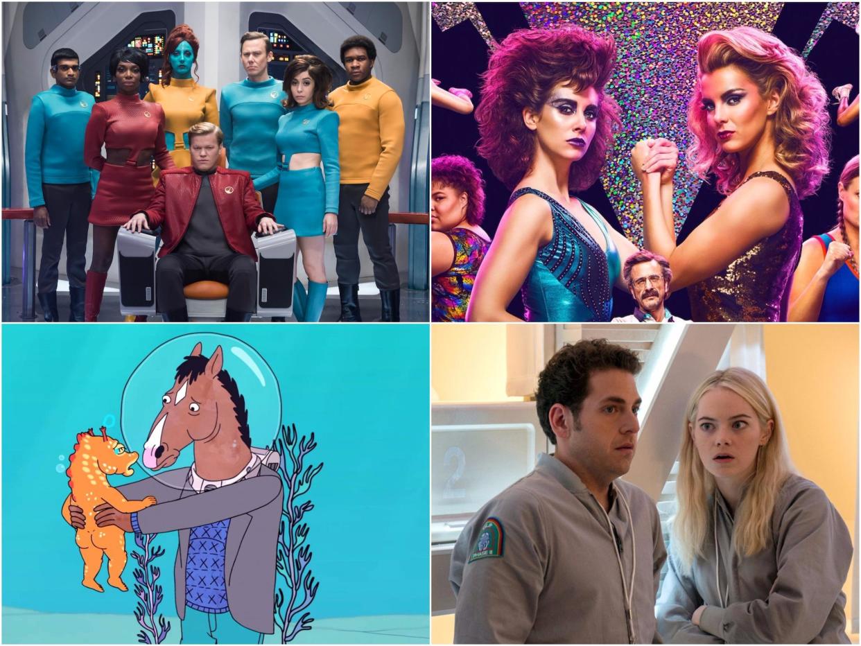 Clockwise: Black Mirror, GLOW, Maniac and Bojack Horseman (Netflix)