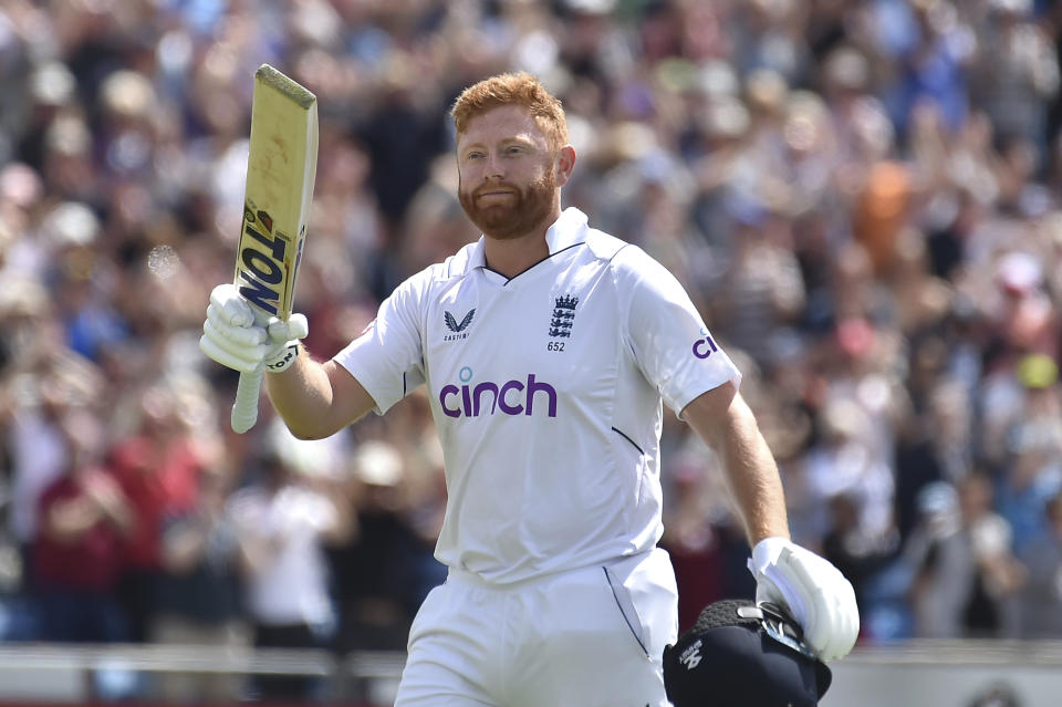 England's Jonny Bairstow salutes fans as he walks off the field after losing his wicket during the third day of the third cricket test match between England and New Zealand at Headingley in Leeds, England, Saturday, June 25, 2022.. (AP Photo/Rui Vieira)