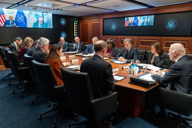 McGurk (top left) is one of a handful of staff invited to meetings with the president and Cabinet secretaries like this one on Oct. 10.