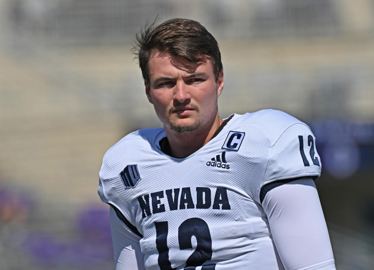 Nevada QB Carson Strong has a chronic knee injury that's concerning, but his play has been mostly terrific this season. (Photo by Peter G. Aiken/Getty Images)