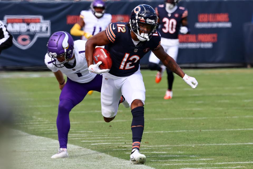 Minnesota Vikings place kicker Greg Joseph makes a tackle on Chicago Bears wide receiver Velus Jones Jr. on kick off during the second half at Soldier Field.