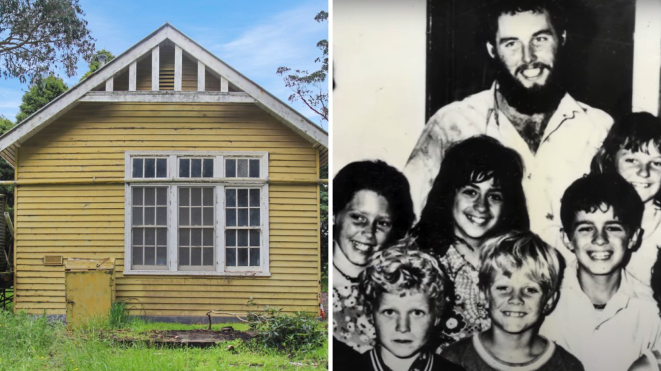 A composite image of the dwelling located on the Wooreen School property and the class of 1977 with their teacher who were kidnapped.