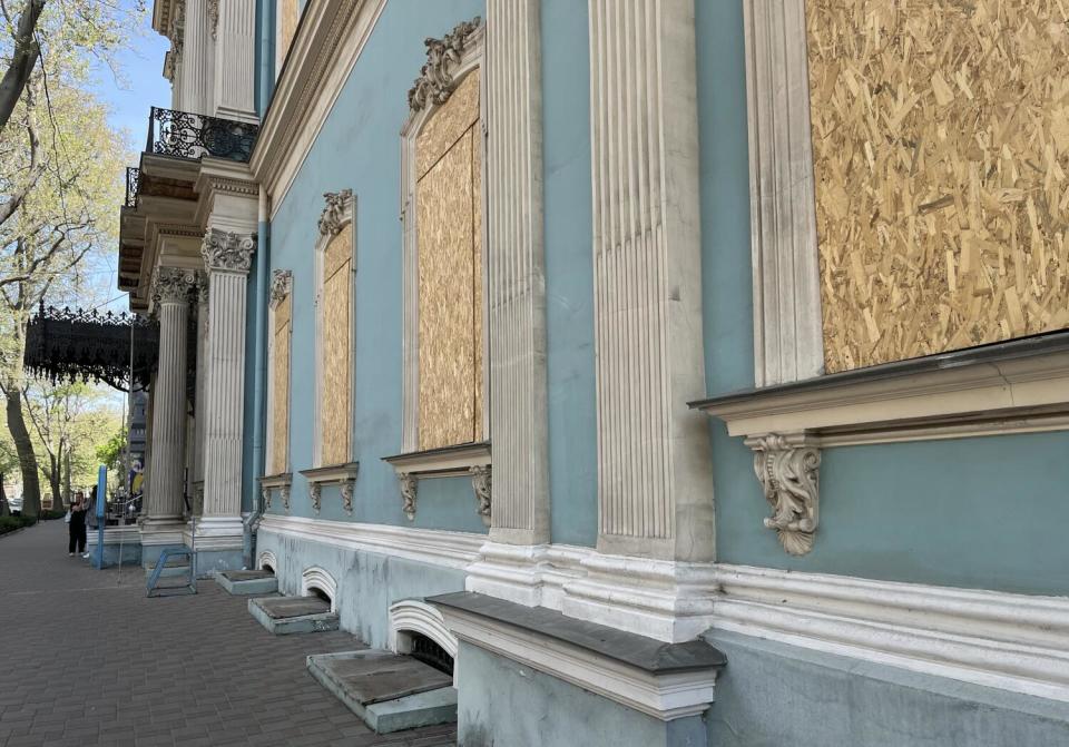 The boarded-up windows on Odesa's Museum of Western and Eastern Art.