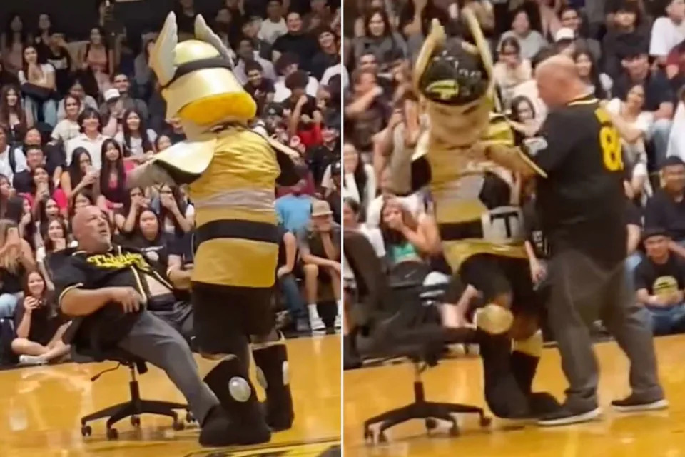 <p>recklessmma/Instagram</p> Principal Robert Nunes dancing with mascot