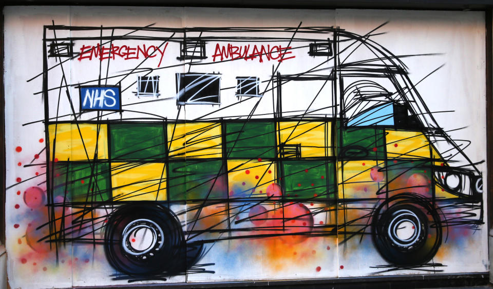 A graffiti depicting an NHS ambulance by street artist Nathan Bowen in central London, as the UK continues in lockdown to help curb the spread of the coronavirus. Picture date: Monday April 27, 2020.
