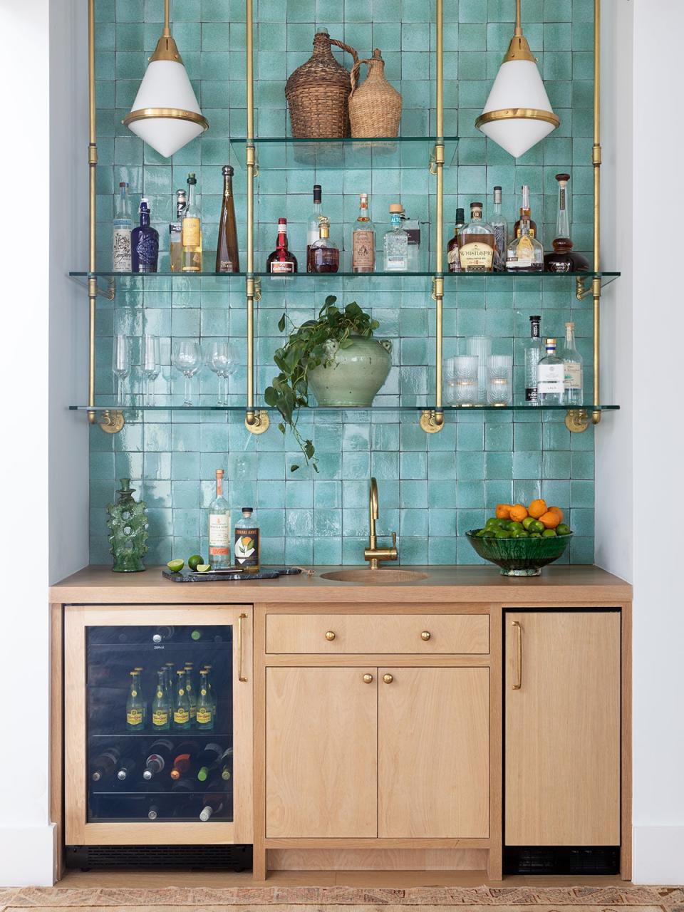 kitchen bar with green zellige tile backsplash