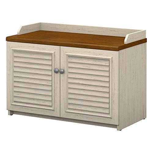 5) Bush Furniture Fairview Shoe Storage Bench in Antique White and Tea Maple