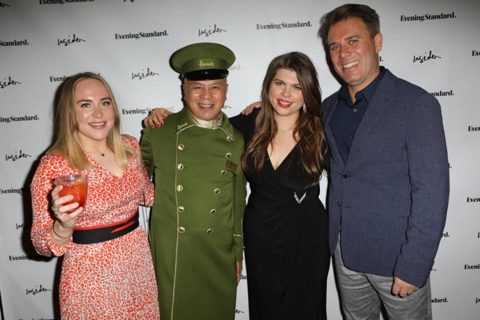 Harrods PR Manager Sarah Blackwell, our Harrods Green Man, and the Evening Standard's Amira Hashish and David Tomchak. (Richie Buxo/Splash News)