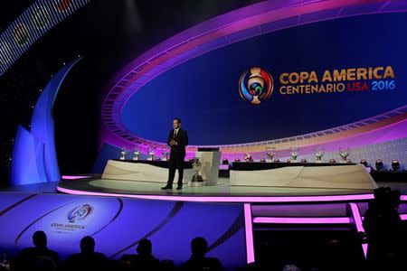 Feb 21, 2016; New York, NY, USA; Jurgen Mainka, CONCACAF’s Deputy General Secretary speaks during the 2016 Copa America Centenario draw event at Hammerstein Ballroom. Mandatory Credit: Adam Hunger-USA TODAY Sports