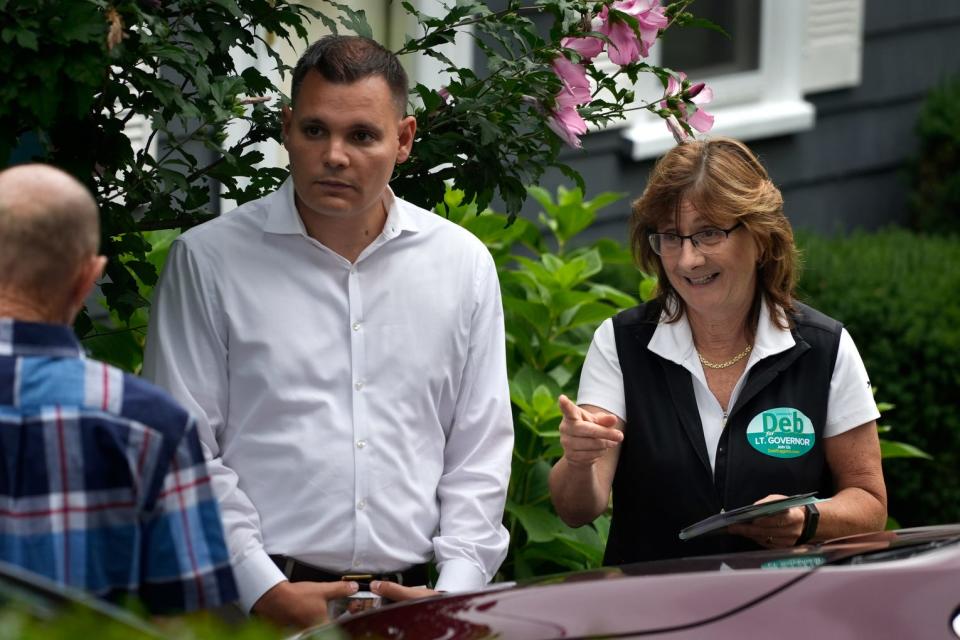 Democratic Rep. Deborah Ruggiero canvasses in Cranston with Rep. Brandon Potter on Aug. 1 in her campaign for lieutenant governor.