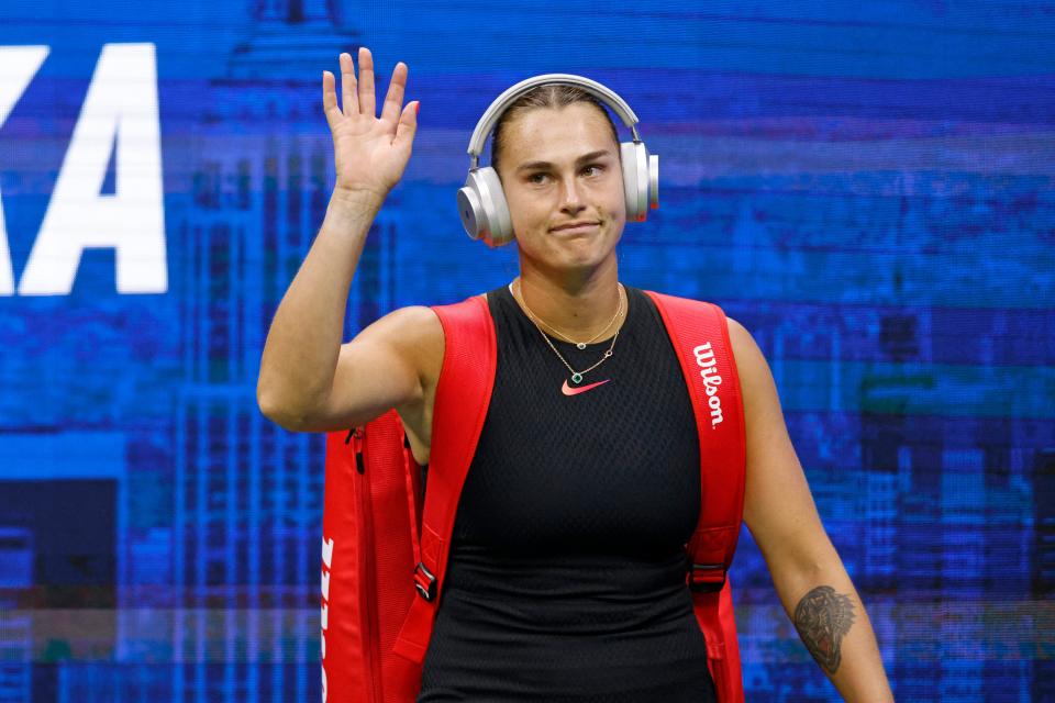 Belarus's Aryna Sabalenka walks into the court ahead of her match against USA's Emma Navarro in their women's semifinals match on day eleven of the US Open tennis tournament at the USTA Billie Jean King National Tennis Center in New York City, on September 5, 2024. (AFP via Getty Images)