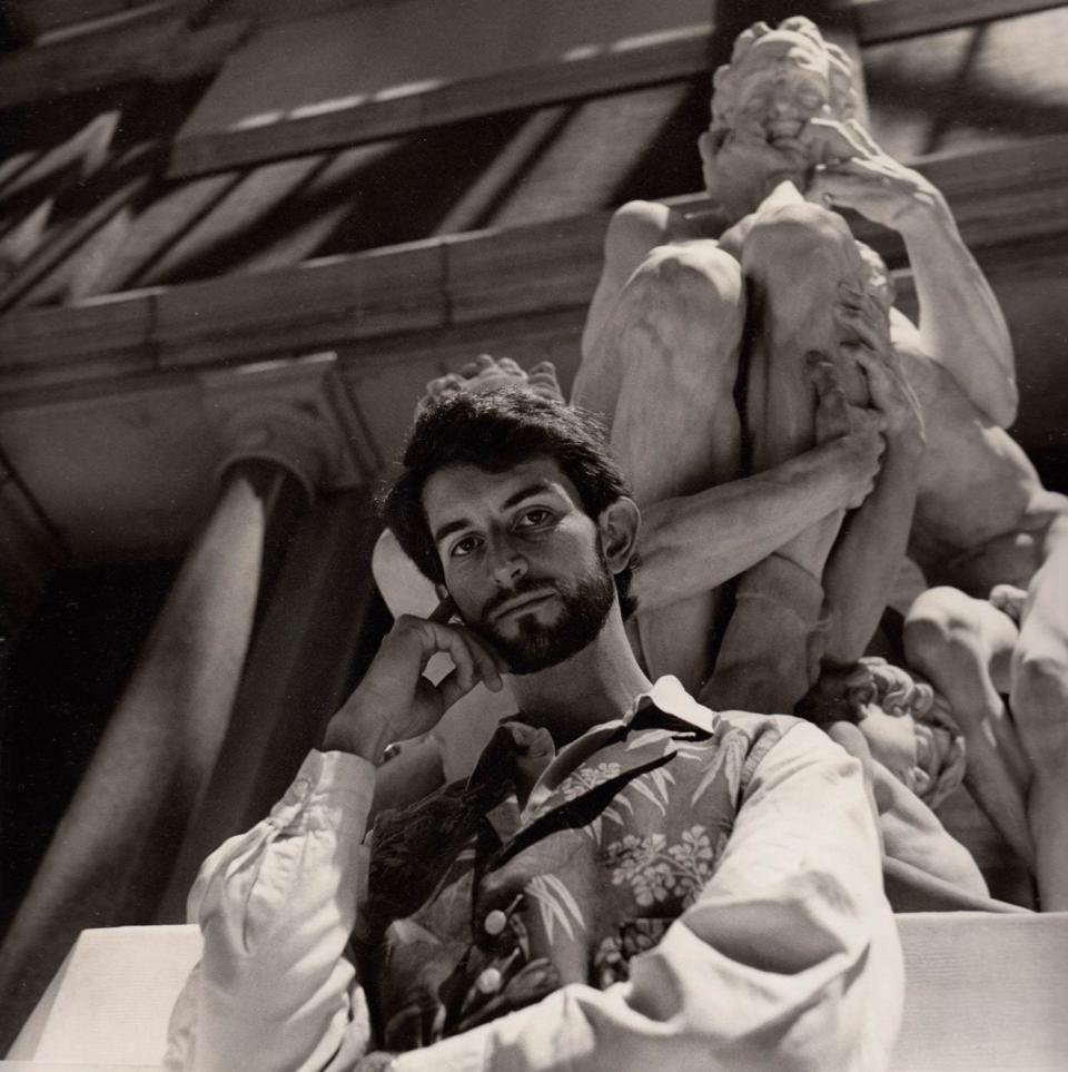 Count Manfredi with a marble of his ancestor Ugolino della Gherardesca at Castello castagneto carducci