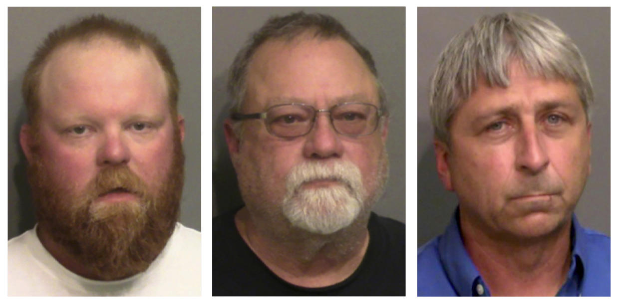 This combination of booking photos provided by the Glynn County, Ga., Detention Center, shows, from left, Travis McMichael, his father, Gregory McMichael, and William 