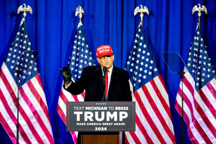 Former US President Donald Trump speaks during a "Get Out The Vote" rally in Waterford Township, Michigan, US, on Saturday, Feb. 17, 2024. Twenty-two Republican-led states urged the US Supreme Court to delay Donald Trump's criminal trial for election interference, casting the federal prosecution as an effort to undermine his campaign to recapture the White House. Photographer: Nic Antaya/Bloomberg via Getty Images