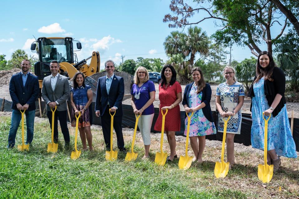 Representatives from the Boca Raton City Council, the Junior League of Boca Raton and Brightline break  ground on the new community garden at Meadows Park, 1300 NW 8th St, Boca Raton, on May 10, 2021,