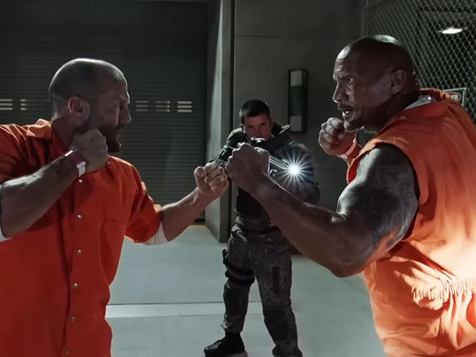 Dwayne Johnson and Jason Statham in "The Fate of the Furious."