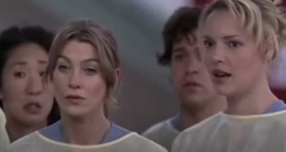 Dr Meredith Grey and Dr Izzie Stevens on Grey's Anatomy looking alarmed