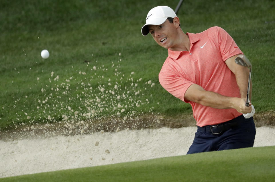 Rory McIlroy, of Northern Ireland, hits from a sand trap on the 15th hole during the final round of the Wells Fargo Championship golf tournament at Quail Hollow Club in Charlotte, N.C., Sunday, May 5, 2019. (AP Photo/Chuck Burton)