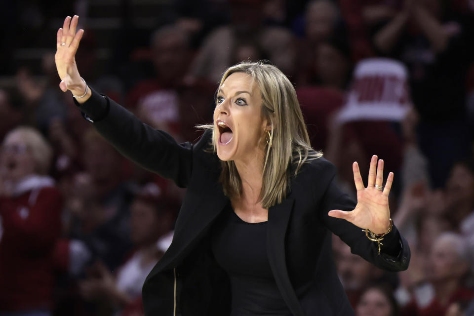 Oklahoma head coach Jennie Baranczyk reacts during the second half of an NCAA college basketball game against Texas, Wednesday, Feb. 28, 2024, in Norman, Okla. (AP Photo/Garett Fisbeck)