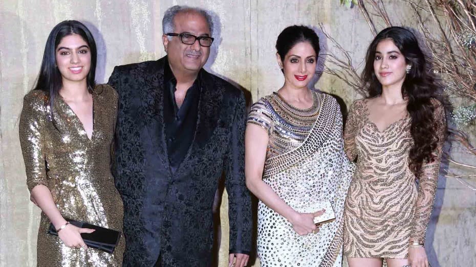 Sridevi with Boney Kapoor and daughters Jhanvi (extreme right) and Khushi. 