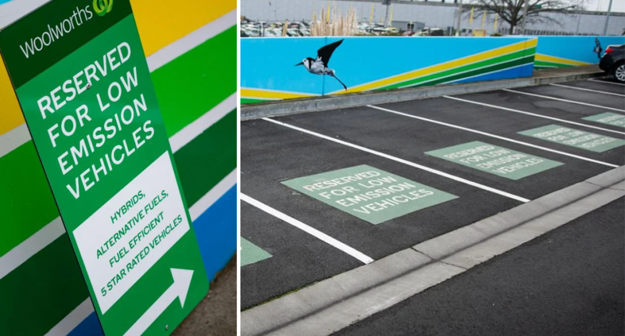 Woolworths sign reads, 'Reserved for low emission vehicles' (left) and right are the priority parking bays with signage and line markings (right). 