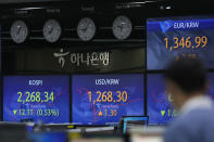 A currency trader walks by the screens showing the Korea Composite Stock Price Index (KOSPI), left, and the foreign exchange rate between U.S. dollar and South Korean won at a foreign exchange dealing room in Seoul, South Korea, Thursday, Dec. 29, 2022. Shares slipped in Asia on Thursday after benchmarks fell more than 1% on Wall Street in the middle of a mostly quiet and holiday-shortened week. (AP Photo/Lee Jin-man)